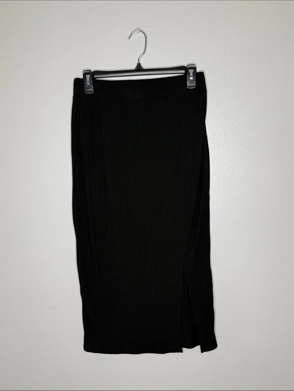 Black Ribbed Midi Skirt - Classic Women's Pencil Skirt w/ Slit Large
